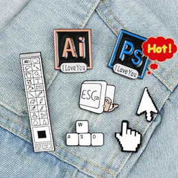 Creative Computer Tool Brooches Keyboard PS ESC Label Metal Enamel Pins Bag Denim Clothing Badge Accessories Gifts for Boy