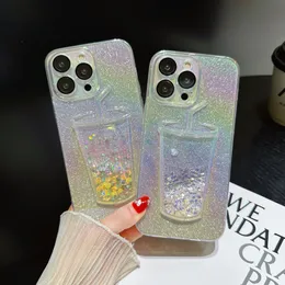 3D Dynamic Liquid Quicksand Cup Phone Case para iPhone 14 12 11 13 Pro Max Gradient Color Soft Shell Bling Powder Lens Protector
