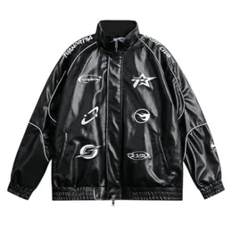 Herrjackor American Street Hip Hop Black Baseball Jacka Leather Men Retro Racing Bomber Coat Oversize Women Unisex Par Casual Black 230531