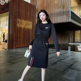 Designer Top Quality Triangle Logo Sports Style Two Piece Dress Suit Skirt Fashion Hot Drill Long Sleeve Top + High Waist Half Skirt Two-Piece Dress