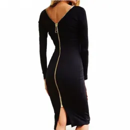 2023 Fashion Black Long Sleeve Dresses Women Clothing Back Full Zipper Robe Sexy Femme Pencil Dress