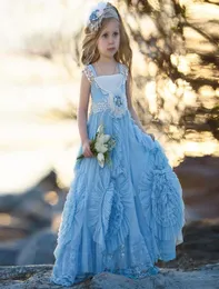 Vintage Light Blue Flower Girls Dress with Gathered Twirl Design Square Neck Lace Pageant Dress For Girls 2017 Lovely Baby Birthda5922007