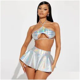 Kvinnors badkläder Kvinnors sommarkvinnor Halter Bikini Set Solid Color Push Up Padded High Wasit Split ThreePiece Sequined Drop Delivery Dh58a