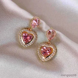 Stud requintado rosa verde amor brincos em forma de coração para mulheres brilhante zircão strass brinco geométrico menina jóias