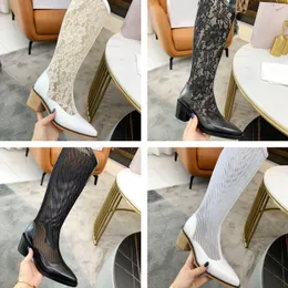 Designer Summer Boots Luxury Women Hollow out V-shaped Knee Boots Breathable Genuine Leather Mesh Pointed Boots Fashion Sexy External Wear Casual Boots Size35-42