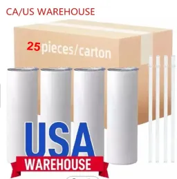 US/CA Lokal 25 Stück/Karton Warehouse Sublimationsrohlinge Becher 20oz gerade Becher aus Edelstahl Weißer Becher mit Deckel und Strohhalm Wärmeübertragungsbecher Wasserflaschen
