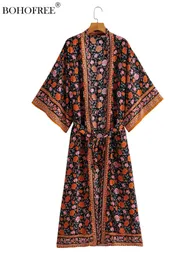 Vestidos boho vinatge estampa floral longo espanador rayon roupões de algodão boêmio maxi hippie vestidos femininos estilo étnico longo kimono