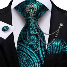 Neck Ties Design Teal Blue Paisley Floral Silk Ties 8cm Men's Wedding Party Business Necktie Hanky Brooch Cufflinks Set Cravat DiBanGu 230601