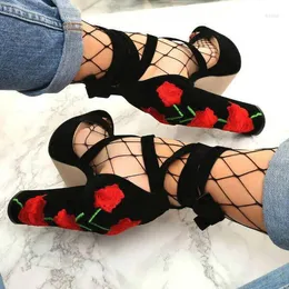 Dress Shoes Floral Embroidered Lace-up Chunky Heels Women Sandals Peep Toe High Platform Ankle Wrap Gladiator 2023