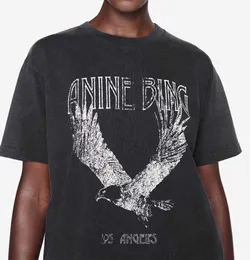2023 Anine Bing Niche Eagle Print t Shirt Fried Snowflake Color Washing Designer Tee Women Black Short-sleeved T-shirt Tops Polos Cheap Sale High Motion design 888ess