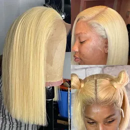 613 Loira Reta Blunt Cut Bob Peruca Frente Renda Cor Humana Curto Bob Perucas de Cabelo Humano para Mulheres T Parte Perucas Rendas