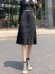 Dresses Xisteps Aline Women Skirt Midi Denim High Waist Female Skirt Elegant Y2k Autumn Solid Streetwear Plus Size Ladies Skirts 2022