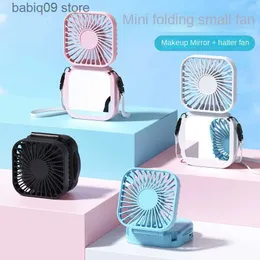 Electric Fans USB Rechargeable Vanity Mirror Pocket Fan Office Desktop Square Mute Fan Outdoor Hanging Neck Folding Handheld Portable Mini Fan T230602