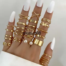 Band Rings Modyle Boho Gold Color Heart Rings Set For Women Vintage Geometric Cross Pearl Butterfly Finger Rings Female Trendy Jewelry Gift J230602