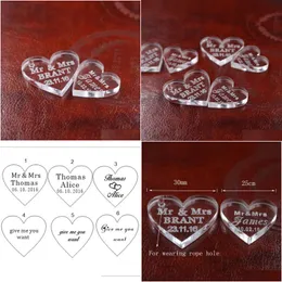 Bomboniere 50 pezzi Cuore di cristallo personalizzato Personalizzato Mr Mrs Love Souvenir di nozze Decorazione della tavola Centrotavola Bomboniere e regali Dh7Li