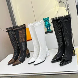 Luxus-Designer-Sommerstiefel für Damen, Spitzenkante, spitze Netzstiefel, Leder, Netz, hohl, High-Heel-Stiefel, Sommer, atmungsaktiv, modisch, sexy, Outwear-Stiefel