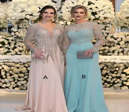 Blush Pink Beading A Line Mother of the Bride Dresses Deep V Neck Long Sleeve Arabic Dubai Formal Evening Party Dress6793790