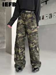 Byxor iefb Autumn American Wide Leg Casual Cargo Pants Men Trend Army Green 2023 Manliga byxor Kontrast Färgfickor