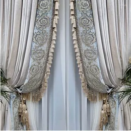 Curtain French Luxury Gray Velvet Lace Stitching Tassel Blackout For Living Room American Retro Villa Bedroom Drapes Custom