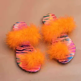 Slippers Dropshipping Summer Women Flat Flat Flup Flip Flup Plush Fluffy Furry Shoes Fashion Slime Slides Slides Ladies 220708