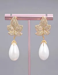 GuaiGuai Jewelry White Sea Shell Pearl Gold Color Plated Cz Micro Pave Drop Earrings For Women Real Gems Stone Lady Fashion Jewell3341431
