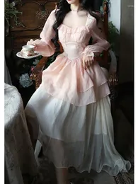Casual Jurken Lange Mouw Fairy Midi Jurk Vrouw Zoete Koreaanse Mode Strandfeest 2023 Zomer Franse Elegante Roze Ruches Chiffon