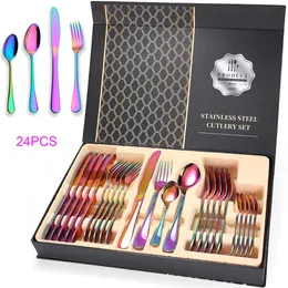Färgglada silvervaror, 24-delad rostfritt stål Rainbow Flatware Set, Iridescent Cotester-redskapsset för 6, spegelpolerad, maträtt