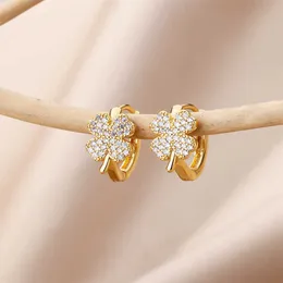 Stud Zircon Four Three Leaf Grass Women's Stainless Steel Flower Ring Earrings G230602