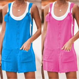 Designer sweatpants Women's Casual Summer Cotton Linen Rompers Overalls Jumpsuit Shorts Solid Color Round Neck Button Loose Women Rompers Playsuits black size 5xl