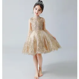 Sparkly Gold Sequined Flower Girls Dresses For Weddings Beaded Short Toddler Pageant Gowns High Neck Knee Length Tulle Kids Prom D8236425