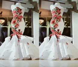 Gorgeous Red and White 3D Floral Flowers Mermaid Wedding Dress 2022 Sweetheart Satin Beading Ruched South Arabic Country Designer 4004528
