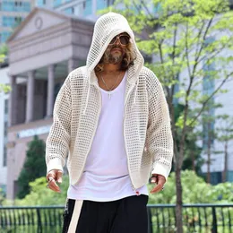 Men's Hoodies Apricot Black Knitted Hollow Out Oversized Sun Protection Summer Long Sleeve Men Shirt Zipper Hooded Korean Fashion Harajuku