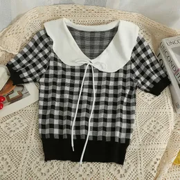 T-Shirt Summer Prep Style Girls Sweet Plain Short Sleeve Peter Pan Neck Women's Knitted T-shirt P230602