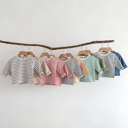 Tshirts Infant Casual Solid Tops Boys Simple Striped Long Sleeves Tshirt Oneck Pullover Bottoming Shirt Girls Cotton Undershirt 230601