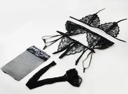 Sexy Lingerie 4pc Sets Transparent Lace Brassiere Thong Garters Stockings Lingerie Femme Erotic G String Open Bra Garter Set15572645