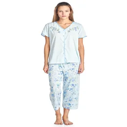 Casual Nights Damen Capri-Pyjama-Set mit kurzen Ärmeln, Blumenmuster, Satin und Spitze