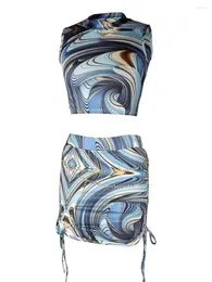 Tweedelige jurk dames ruches 2 gehaakte roksets Y2k off-shoulder pure mesh crop top bodycon mini kort pak (blauw 6 S)