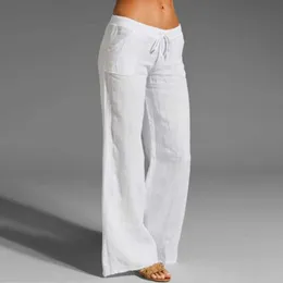 Capris Summer Casual Fashion Solid Elastic Waist Cotton Linen Pants Women's Loose Wide Leg Trousers P230602