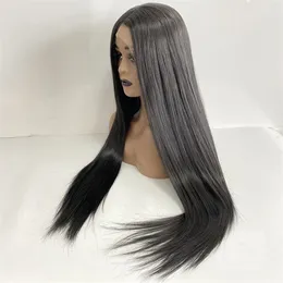 22 tum långt syntetiskt hår Svart färg 130% densitet billig spetsfront peruk för svart kvinna