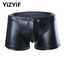 Sexy Men Lingerie Faux Leather Boxer Shorts Erotic Open Front Bulgh Pouch Porno Mini Latex Pants Male Gay Underwear Underpants Wom8653333
