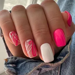 False Nails 24pcs Simple Square Fake Pink White Wavy French Artificial Fingernail Nail Tips Press On Manicure