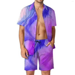 Fatos de Treino Masculino Roxo Azul Aquarela Flow Terno de Praia Masculino Gráfico Casual 2 Peças Calças Casa Vintage Tamanho EUA