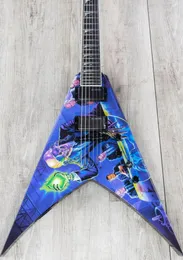 DimDave MustaineMegadeth RustInPeace Blue Flying V Electric Guitar Hand Work Paint Top Grover Tuners Active Pickups 9V Battery B5116772