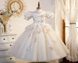 2022 Bling Beaded Crystal Flower Girls Dresses for Teens Tulle Floor Length Beach little Girl Pageant Princess Birthday Party Gown7659046