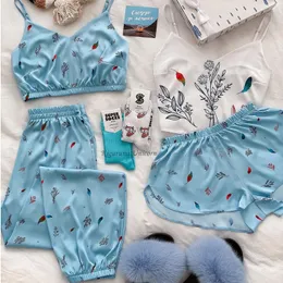 Kvinnors sömnkläder pyjamas för kvinnor blomma tryck set satin siden sommar pijamas shorts hem kläder lounge kläder dropp 230601