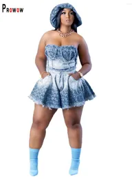 Kvinnors spårningsdräkter Prowow Fashion Denim Women Two Piece kostymer ärmlösa beskurna toppar Shorts Summerkläder Set Design Print estetik