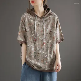 Koszulki damskie Luckbn Renesans z kapturem z kapturem krótko-śluzowy koszulka damska cienkie wszechstronne kwiatowe luźne luźne pullover najlepsze 2023 lato