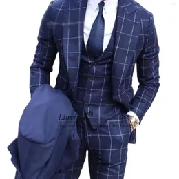 Men's Suits Classic Plaid Groom Wear Men For Wedding Custom Made Wide Lapel 3 Pieces Jacket Vest Pants Formal Blazers Tuxedo 2023