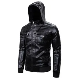 Autumn Casual Black Plus Size Fleece Hooded Biker Jacka Leather Men