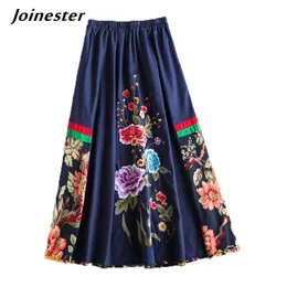 Юбка, длинная юбка с цветочной вышивкой для женщин, хлопковая и льняная юбка-миди в этническом стиле, женские юбки для танцев по кругу, осенняя одежда